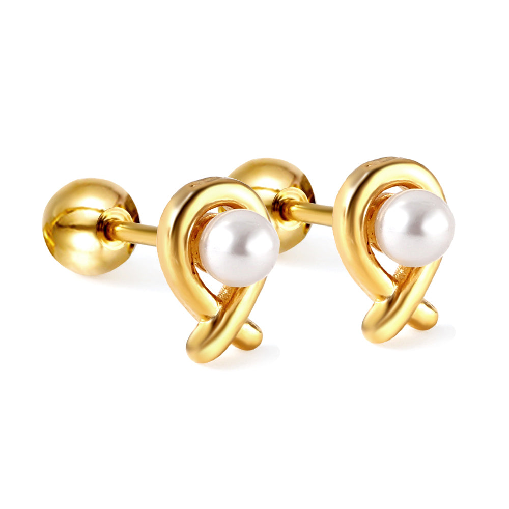 Gold coloured steel ball screw back fish shaped stud earrings with white pearls asonjewelry